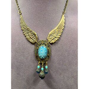 Vintage Gold Wing Necklace With Blue Stone & Dangling Beads
